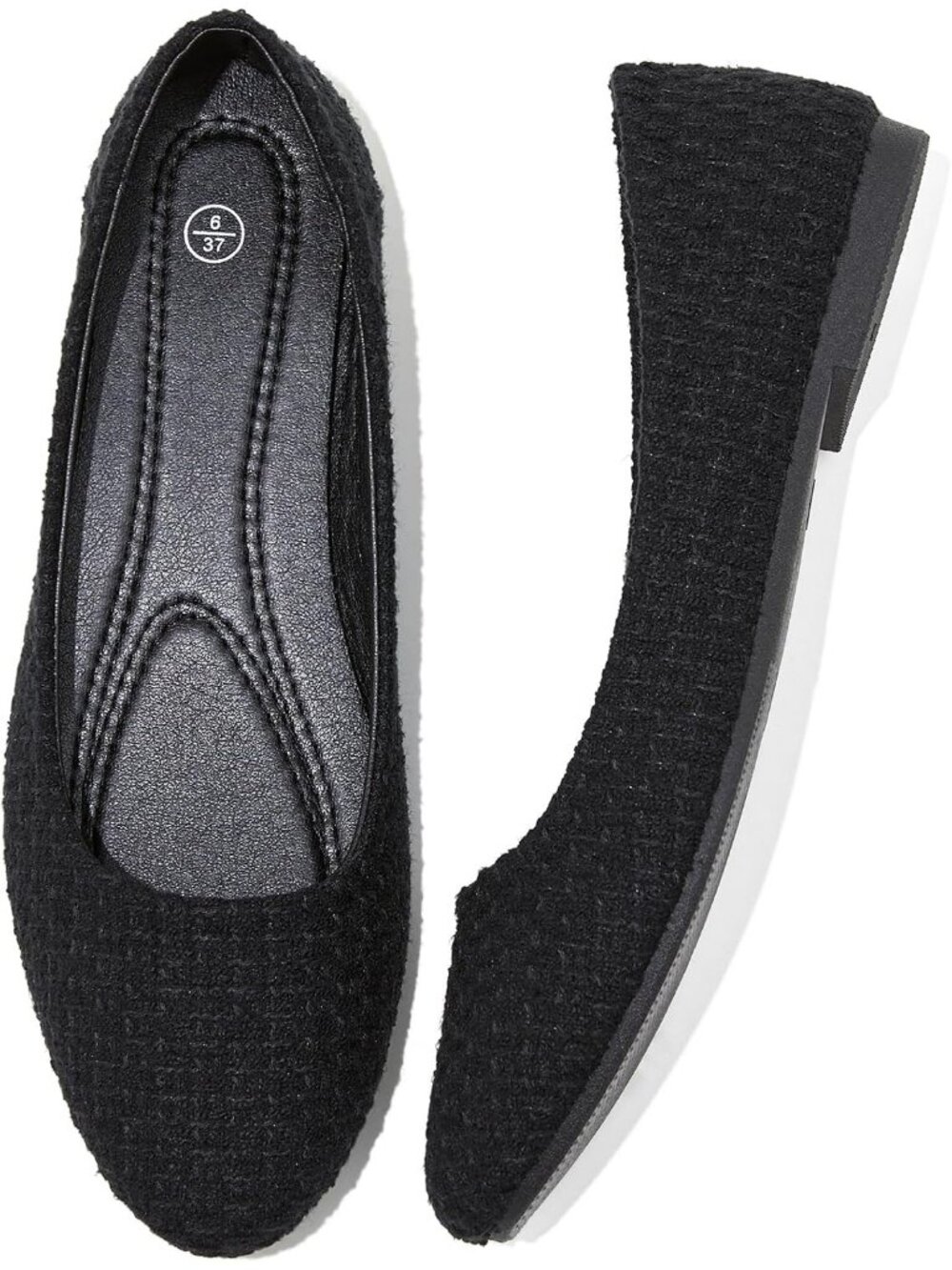 Women's Black Textured PU Leather Ballet Flat Slip on Casual Loafers Dress Shoes